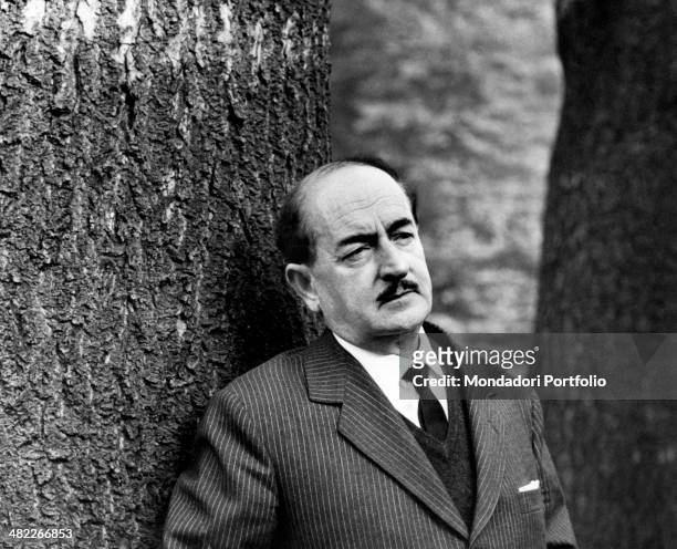 The Italian poet Salvatore Quasimodo, elegantly dressed with jacket and tie, with a melancholic expression, is leaning against the trunk of a big...