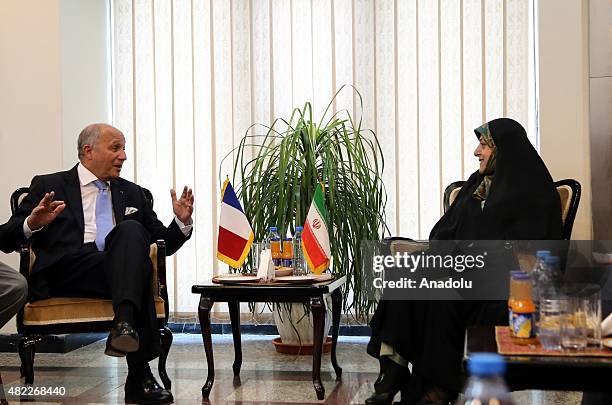 French Foreign Minister Laurent Fabius meets with Masoumeh Ebtekar Vice President of Iran and head of Environmental Protection Organization, in...