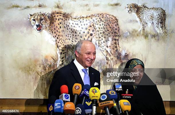 French Foreign Minister Laurent Fabius and Masoumeh Ebtekar Vice President of Iran and head of Environmental Protection Organization, hold a press...