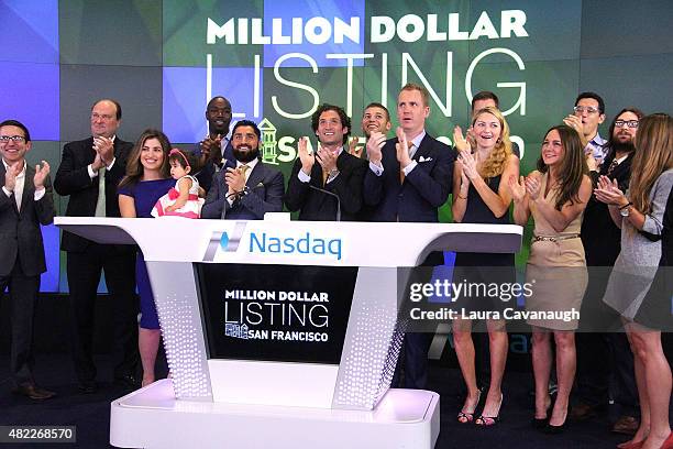 Roh Habibi, Justin Fichelson and Andrew Greenwell attends "Million Dollar Listing San Francisco" Rings The Nasdaq Stock Market Opening Bell at NASDAQ...