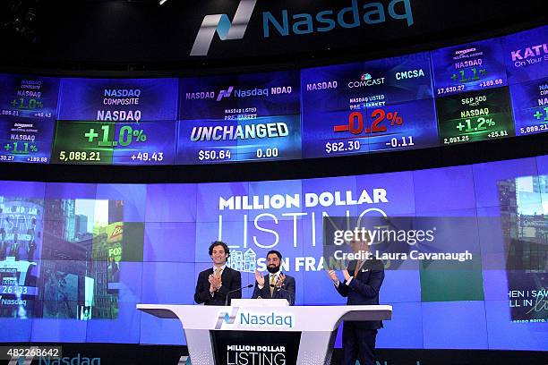 Justin Fichelson, Roh Habibi and Andrew Greenwell attend "Million Dollar Listing San Francisco" Rings The Nasdaq Stock Market Opening Bell at NASDAQ...