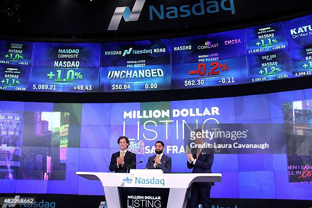 Justin Fichelson, Roh Habibi and Andrew Greenwell attend "Million Dollar Listing San Francisco" Rings The Nasdaq Stock Market Opening Bell at NASDAQ...