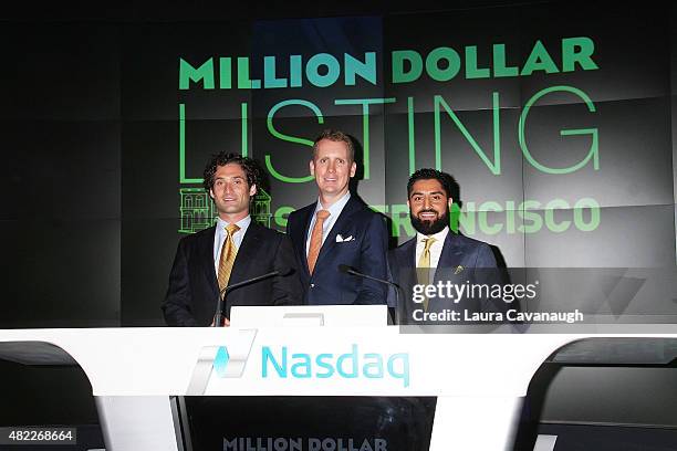 Justin Fichelson, Andrew Greenwell and Roh Habibi attend "Million Dollar Listing San Francisco" Rings The Nasdaq Stock Market Opening Bell at NASDAQ...