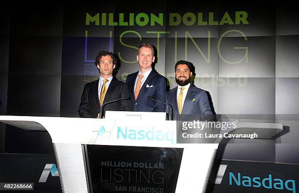 Justin Fichelson, Andrew Greenwell and Roh Habibi attend "Million Dollar Listing San Francisco" Rings The Nasdaq Stock Market Opening Bell at NASDAQ...