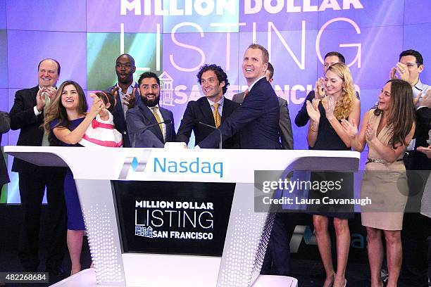 Roh Habibi, Justin Fichelson and Andrew Greenwell attends "Million Dollar Listing San Francisco" Rings The Nasdaq Stock Market Opening Bell at NASDAQ...