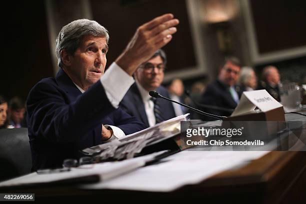 Secretary of State John Kerry testifies before the Senate Armed Services Committee about the nuclear deal struck between Iran and six nations,...