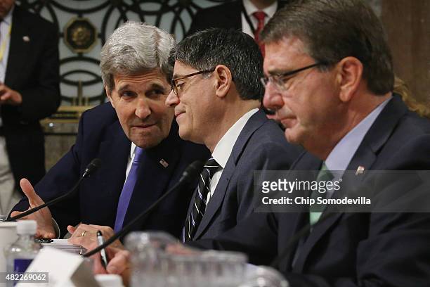 Secretary of State John Kerry, Treasury Secretary Jacob Lew and Defense Secretary Ashton Carter testify before the Senate Armed Services Committee...