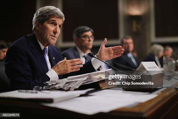 Secretary of State John Kerry testifies before the Senate Armed Services Committee about the nuclear deal struck between Iran and six nations,...