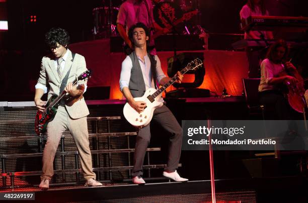 Musicians Nick and Kevin Jonas during a photo shoot about the concert of musical band Jonas Brothers' The Burning Up Tour date on August 14th, 2008...