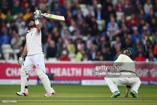 Ian Bell of England looks up as he skies a delivery off Nathan Lyon and is caught by David Warner during day one of the 3rd Investec Ashes Test match...