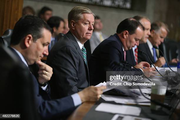 Senate Armed Services Committee memebrs and Republican presidential candidates Sen. Ted Cruz and Sen. Lindsey Graham prepare to question witnesses...