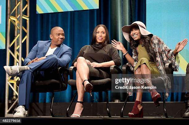 Ja Rule, Aisha Atkins and Brittney Atkins speak onstage during the 'Follow The Rules' panel at the Viacom TCA Presentation at The Beverly Hilton...