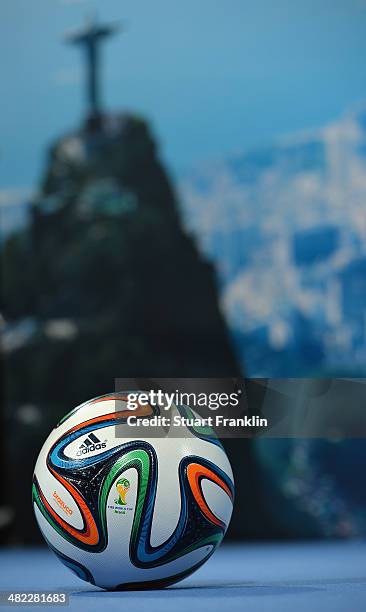 The FIFA 2014 official matchball is pictured during the ARD/ZDF FIFA World Cup 2014 team presentation event on April 3, 2014 in Hamburg, Germany.