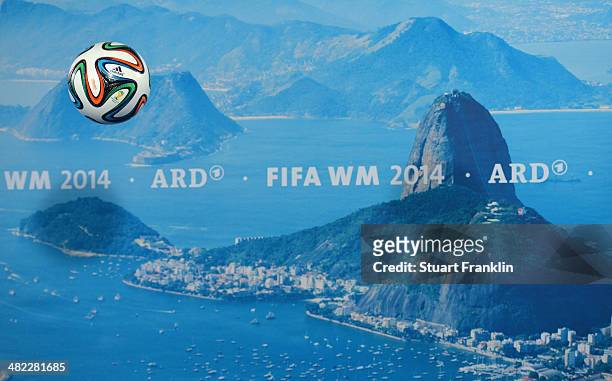 The FIFA 2014 official matchball is pictured during the ARD/ZDF FIFA World Cup 2014 team presentation event on April 3, 2014 in Hamburg, Germany.