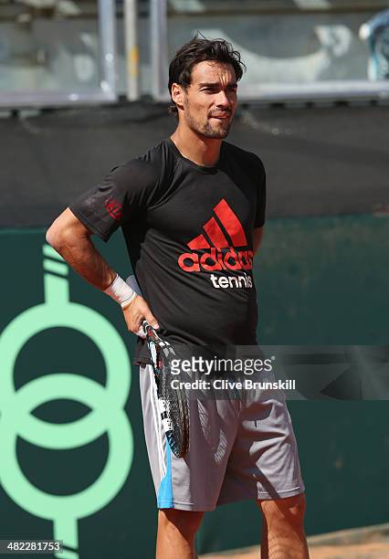 Fabio Fognini of Italy shows his frustrations during a practice session prior to the Davis Cup World Group Quarter Final match between Italy and...