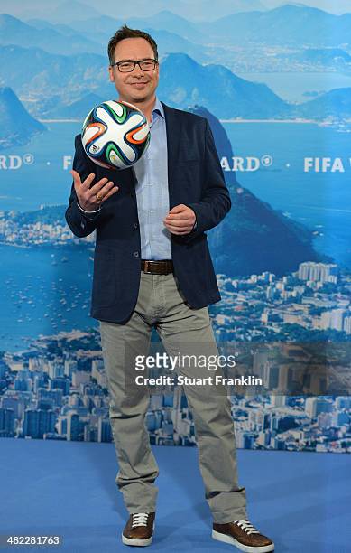Television presenter Matthias Opdenhoevel is pictured during the ARD/ZDF FIFA World Cup 2014 team presentation event on April 3, 2014 in Hamburg,...