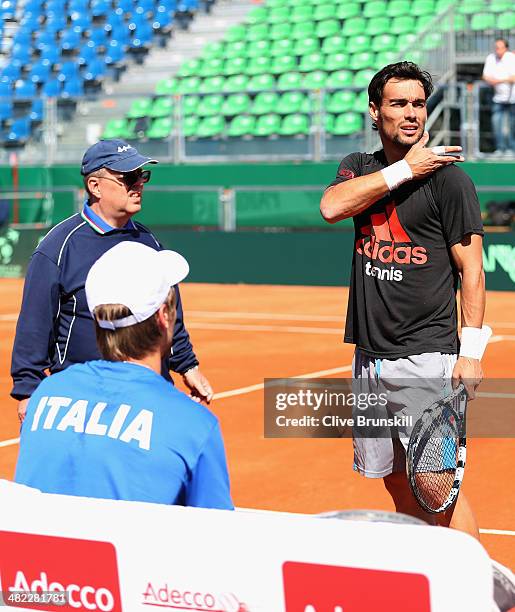 Fabio Fognini of Italy shows his frustrations during a practice session prior to the Davis Cup World Group Quarter Final match between Italy and...