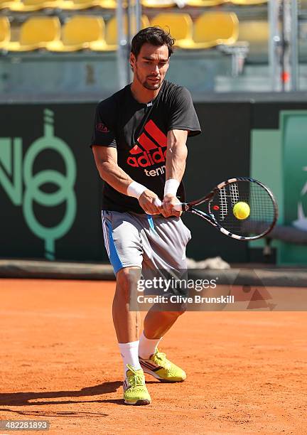 Fabio Fognini of Italy in action during a practice session prior to the Davis Cup World Group Quarter Final match between Italy and Great Britain at...