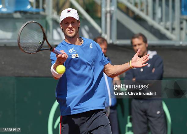 Andreas Seppi of Italy plays a forehand during a practice session prior to the Davis Cup World Group Quarter Final match between Italy and Great...