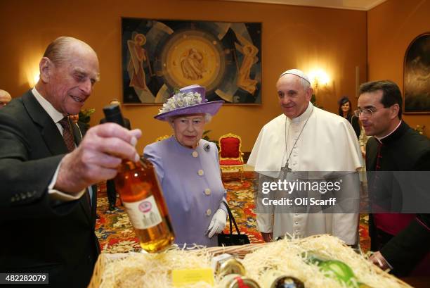 Queen Elizabeth II and Prince Philip, Duke of Edinburgh, have an audience with Pope Francis, during their one-day visit to Rome on April 3, 2014 in...