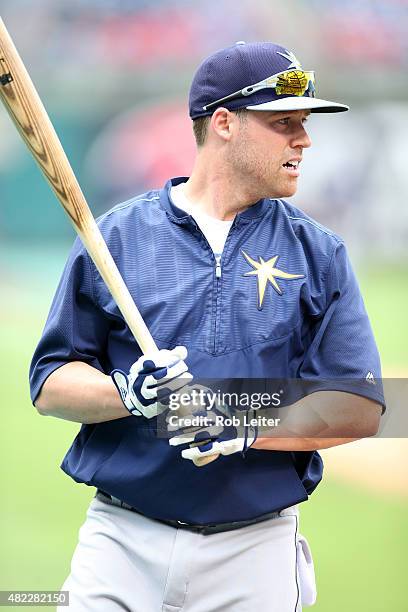 Jake Elmore of the Tampa Bay Rays takes batting practice before the game against the Philadelphia Phillies at Citizens Bank Park on July 21, 2015 in...