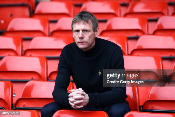 Stuart Pearce sits in the main stand after being unveiled as the new Nottingham Forest Manager at the City Ground on April 03, 2014 in Nottingham,...