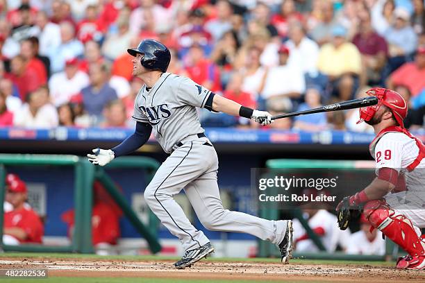 Jake Elmore of the Tampa Bay Rays bats during the game against the Philadelphia Phillies at Citizens Bank Park on July 21, 2015 in Philadelphia, PA....