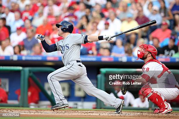 Jake Elmore of the Tampa Bay Rays bats during the game against the Philadelphia Phillies at Citizens Bank Park on July 21, 2015 in Philadelphia, PA....