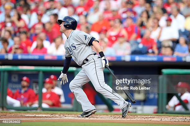 Jake Elmore of the Tampa Bay Rays bats during the game against the Philadelphia Phillies at Citizens Bank Park on July 21, 2015 in Philadelphia, PA....