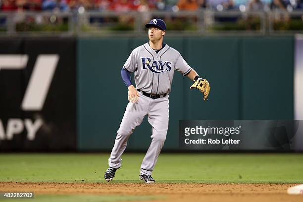 Jake Elmore of the Tampa Bay Rays plays shortstop during the game against the Philadelphia Phillies at Citizens Bank Park on July 21, 2015 in...