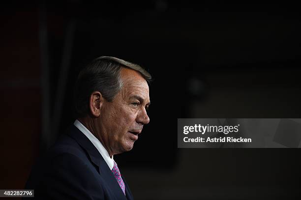 House Speaker John Boehner holds his weekly news conference on Capitol Hill on July 29, 2015 in Washington, DC. During the press conference the...