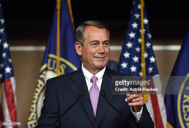 House Speaker John Boehner holds his weekly news conference on Capitol Hill on July 29, 2015 in Washington, DC. During the press conference the...