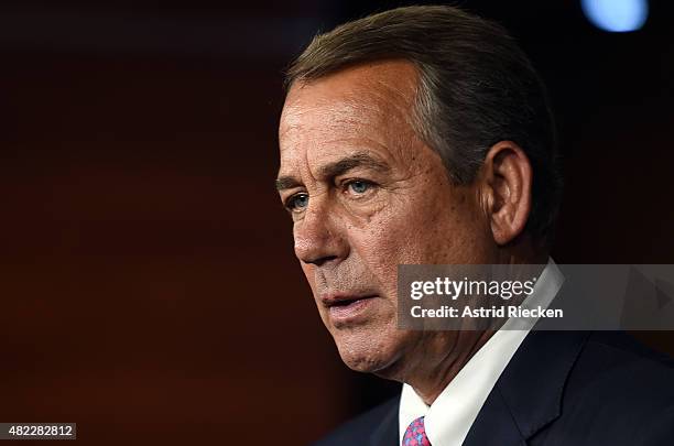 House Speaker John Boehner holds his weekly news conference on Capitol Hill on July 29, 2015 in Washington, DC. During the press conference the...