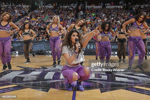 The daughter of Sacramento Kings owner Vivek Ranadive, Anjali Ranadive, entertains the fans during halftime of the Los Angeles Lakers against the...