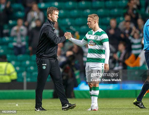 Ronny Delia with Leigh Griffiths at the end of Celtic FK v Qarabag UEFA Champions League Third Qualifying Round 1st Leg match between Celtic and FK...