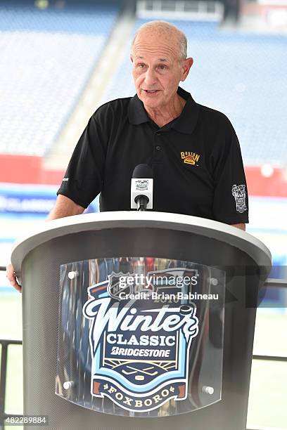 Boston Bruins owner Jeremy Jacobs speaks during the 2016 NHL Winter Classic at the Gillette Stadium on July 29, 2015 in Foxboro, Massachusetts.