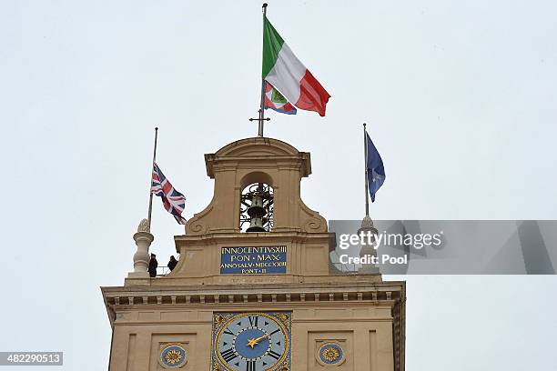 The Union Jack flag is raised during Her Majesty Queen Elizabeth II visit at 'Palazzo del Quirinale' during her one-day visit to Rome on April 3,...