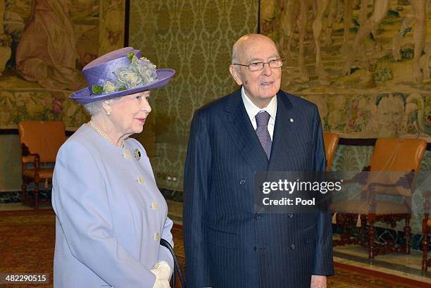 Italian President Giorgio Napolitano greets Her Majesty Queen Elizabeth II in at 'Palazzo del Quirinale' during her one-day visit to Rome on April 3,...