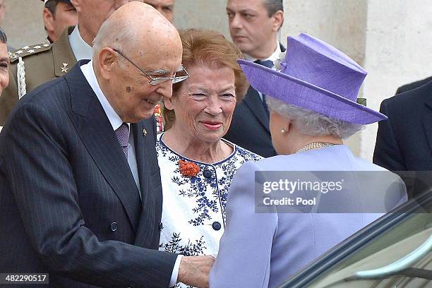 Italian President Giorgio Napolitano and wife Clio Napolitano greet Her Majesty Queen Elizabeth II in at 'Palazzo del Quirinale' during her one-day...