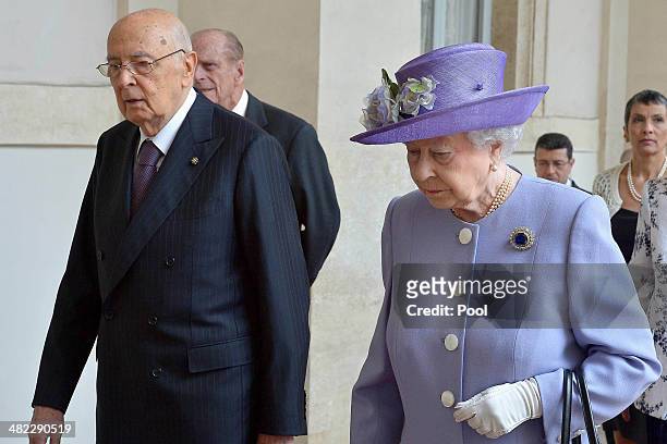 Italian President Giorgio Napolitano greets Her Majesty Queen Elizabeth II in at 'Palazzo del Quirinale' during her one-day visit to Rome on April 3,...