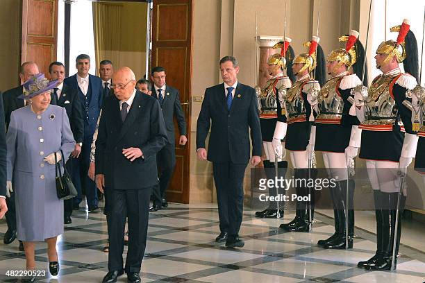 Italian President Giorgio Napolitano greets Her Majesty Queen Elizabeth II at 'Palazzo del Quirinale' during her one-day visit to Rome on April 3,...