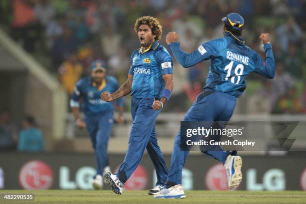 Lasith Malinga of Sri Lanka celebrates bowling Dwayne Smith of the West Indies during the ICC World Twenty20 Bangladesh 2014 semi final between Sri...