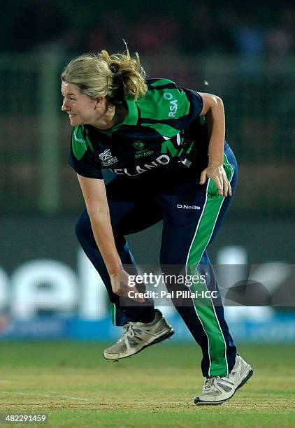 Louise McCarthy of Ireland bowls during the ICC Women's World Twenty20 9th/10th Ranking match between Bangladesh Women and Ireland Women played at...