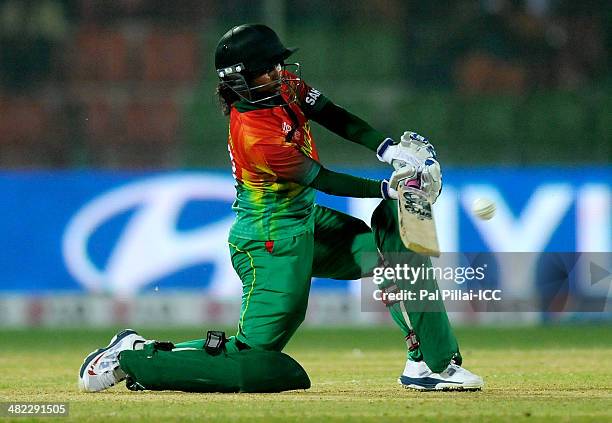 Sharmin Akthar of Bangladesh bats during the ICC Women's World Twenty20 9th/10th Ranking match between Bangladesh Women and Ireland Women played at...