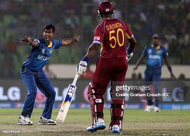 Nuwan Kulasekara of Sri Lanka appeals during the Sri Lanka v West Indies at Sher-e-Bangla Mirpur Stadium during the ICC World Twenty20 Bangladesh...