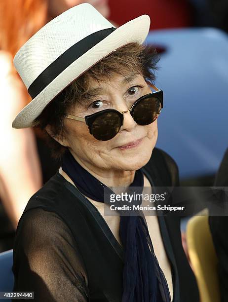 Yoko Ono attends the Amnesty International Tapestry Honoring John Lennon Unveiling at Ellis Island on July 29, 2015 in New York City.