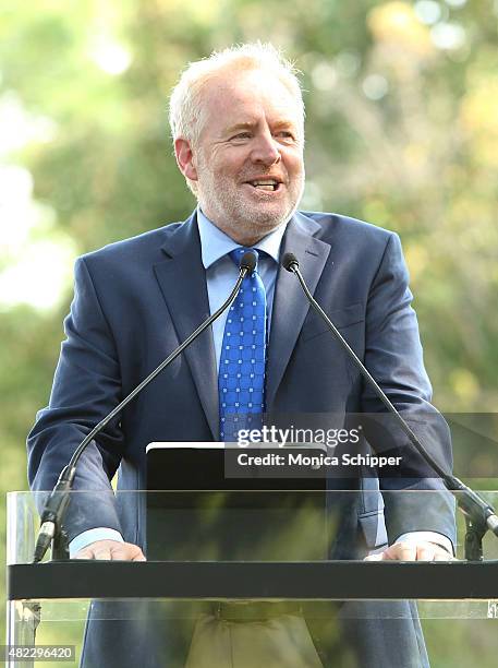 Bill Shipsey speaks at the Amnesty International Tapestry Honoring John Lennon Unveiling at Ellis Island on July 29, 2015 in New York City.