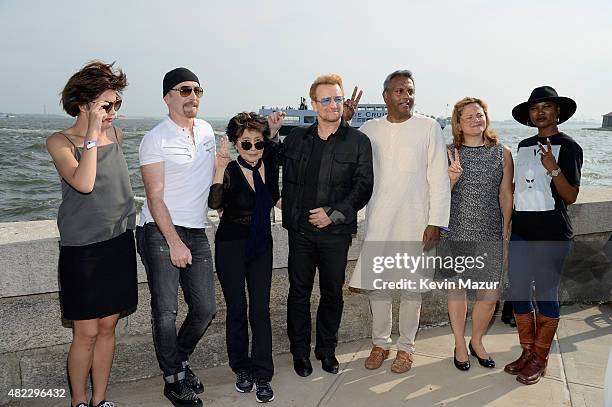 The Edge, Yoko Ono, Bono, Salil Shetty and Melissa Mark-Viverito attend Amnesty International Tapestry Honoring John Lennon Unveiling at Ellis Island...