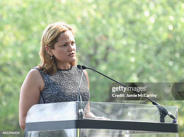 Speaker of the New York City Council, Melissa Mark-Viverito speaks at Amnesty International Tapestry Honoring John Lennon Unveiling at Ellis Island...