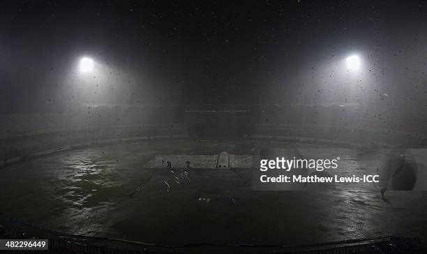 Heavy Rain stops play during the ICC World Twenty20 Bangladesh 2014 Semi Final match between Sri Lanka and the West Indies at Sher-e-Bangla Mirpur...